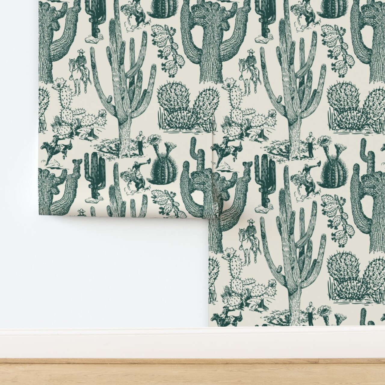 Toile Cactus Southwestern Horse Cowboy Custom Pre-pasted Wallpaper by Spoonflower Pre-Pasted Wallpaper 2FT Wide